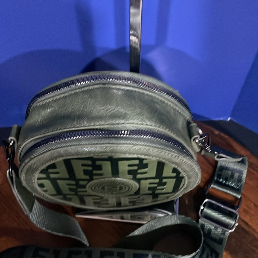 Fanpin Crossbody Purse Gray Vegan Leather Spellout Strap Double Zipper Circle - Picture 3 of 5